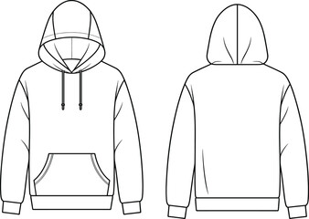 Flat vector hoodie illustration, front and back view, with drawstring hood, kangaroo pocket, fashion design sketch, clothing template, outline art