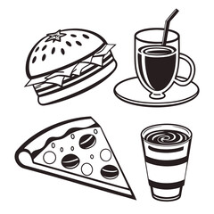 Stylized black and white illustration of fast food items and drinks