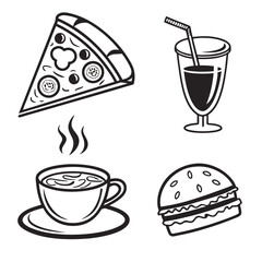 Collection of fast food items including pizza burger coffee and drink