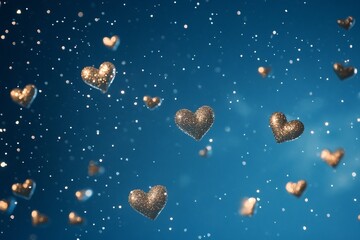 Fototapeta premium Glittering golden hearts floating in dreamy snowfall against deep blue background