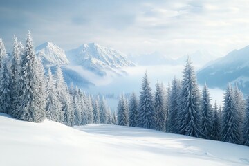 Fototapeta premium Winter wonderland landscape with snow-covered pine trees and mountains under clear blue sky