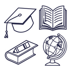 Collection of hand drawn educational icons including a graduation cap book pencil and globe