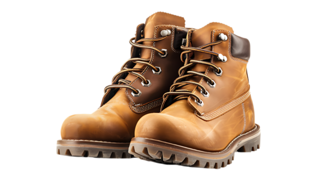 A pair of tan leather work boots with laces and lug soles sit on a dark surface in a studio shot