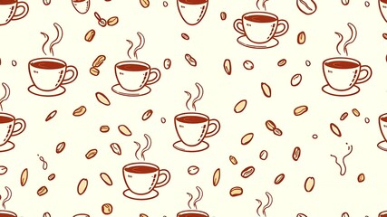 Seamless pattern with coffee cups and beans on a light background for cafe or restaurant design