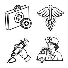 Medical icons set featuring first aid kit caduceus syringe and nurse with ambulance