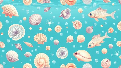 Illustration of seashells, fish, and bubbles scattered on a turquoise blue background pattern design