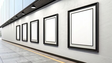 Three black-framed blank rectangles aligned on a light gray gallery wall with soft ambient reflections