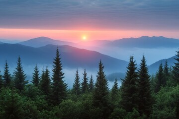 Fototapeta premium Golden sunrise over misty mountain forest with layered hills and glowing fog