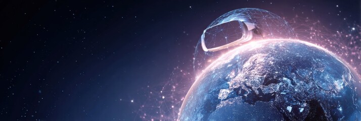 Obraz premium Virtual Reality Headset Enhances Online Learning With a Glowing Hologram Globe in a Dynamic Educational Environment