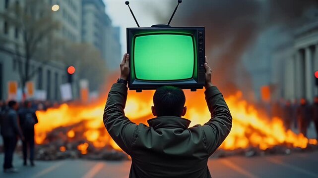 Protester grips retro CRT vibrant green screen amid fiery barricade merging vintage video tech civil unrest drama rewritten title highlights social commentary edge editable chroma cinematic K realism