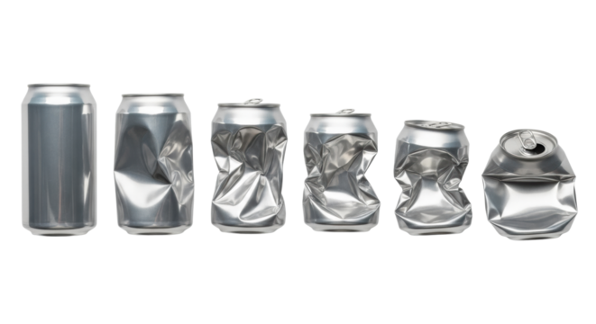 Seven silver aluminum beverage cans in horizontal sequence on transparent background, pristine to heavily crushed, studio lit, slightly high-angle view, clean contours. Concept of recycling and