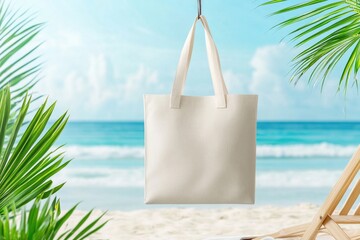 Eco-friendly canvas tote bag on beach chair by the ocean