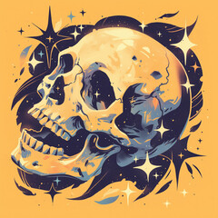 Human skull badge emblem for t-shirt design. Creative poster design. Digital artistic artwork raster bitmap illustration. Graphic design art.