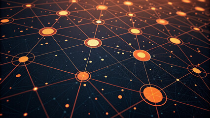 Dynamic interconnected network of glowing orange nodes and lines, representing data flow and digital connections, ideal for tech, business, and future concepts