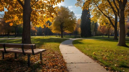Autumn in the Park &mdash; Vibrant Fall Foliage, Golden Leaves on the Ground, Tranquil Trees, and Serene Walkways Capturing the Beauty of a Peaceful Seasonal Escape

