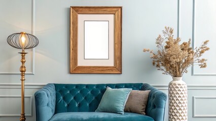 Soft blue wall mockup with vertical wooden frame above a velvet couch, vintage lighting, and dried florals