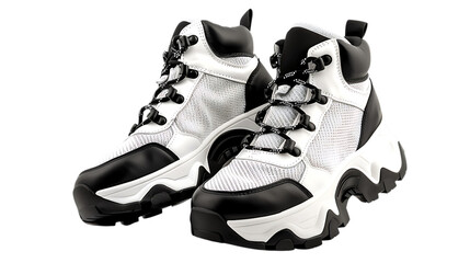 A pair of stylish high top athletic shoes with white and dark accents on a solid surface