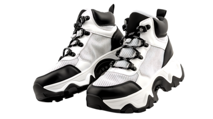 A pair of stylish high top athletic shoes with white and dark accents on a solid surface