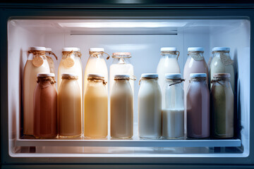 Neatly arranged glass bottles of colorful plant-based milks in a lit refrigerator, suitable for clean eating ads, eco-friendly product showcases, healthy lifestyle visuals. colorful, sustainability