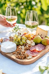 Elegant outdoor wine and cheese tasting with grapes in sunny vineyard setting