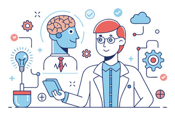 A conceptual illustration of a scientist exploring neural networks and the power of innovative scientific thought processes.