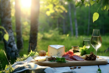 Rustic outdoor picnic with cheese platter and wine by lantern light