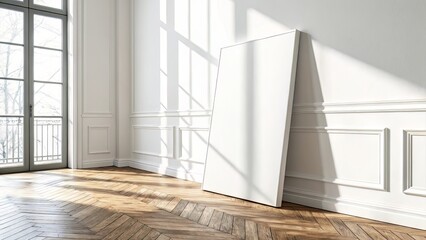 Minimal white wall mockup with vertical blank canvas leaning and soft shadows over wooden parquet floor