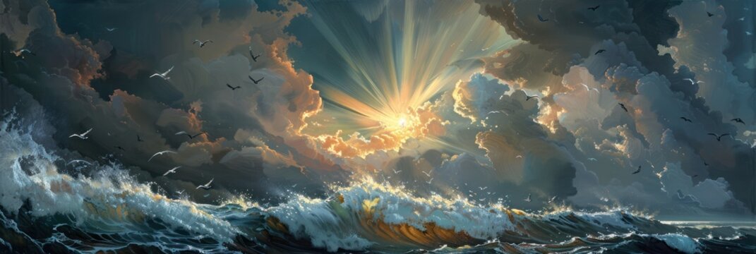 Dramatic seascape with stormy sky and sunrise