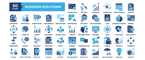 50 Business Solution icon set. Containing design strategy, business, solution, success, technology	