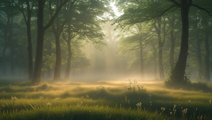 Obraz premium A secluded forest glade lit by morning light, dew-covered grass glowing softly, birdsong and distant rustling implied