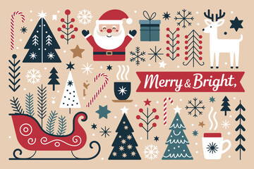 Christmas decorative elements bundle with icons like Santa, reindeer, trees, snowflakes, and stockings. Great for greeting cards, posters, and winter decor.

