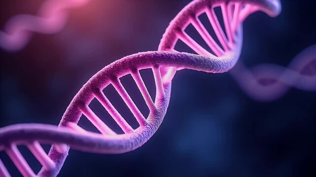 Close focus ultraviolet DNA helix spins slowly bioluminescent glow pulsing along backbone new description emphasises medical tech clarity deep space palette seamless video K loop biotech conference