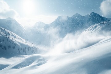 Obraz premium A serene winter landscape featuring snow-covered mountains and gentle snowfall under a bright sun.