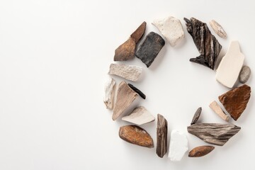 Natural elements circle: rocks and wood arranged aesthetically on white background