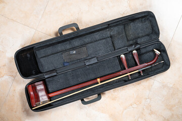 top view box of Chinese two-stringed fiddle or erhu or Chinese violin