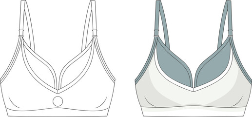 Women's sports bra front view, fashion CAD drawing, technical sketch, activewear design, lingerie template, vector illustration, clothing flat design