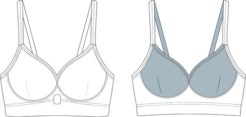 Women's bra front and back view, lingerie CAD drawing, technical sketch, fashion design, sewing pattern, vector illustration, flat template