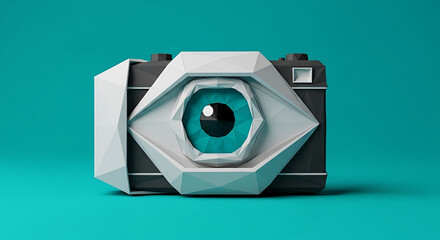 A geometric camera featuring a human eye as its lens, set against a vibrant teal background, representing digital vision.