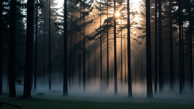 A peaceful morning forest scene with gentle mist drifting between tall pine trees
