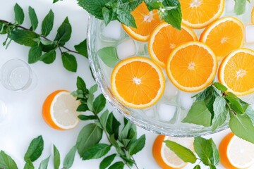 Refreshing citrus punch with ice, mint leaves, and fresh orange slices in a glass bowl