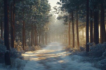 Obraz premium Serene winter pathway in a snow-covered forest, inviting peaceful exploration amid tall coniferous trees.