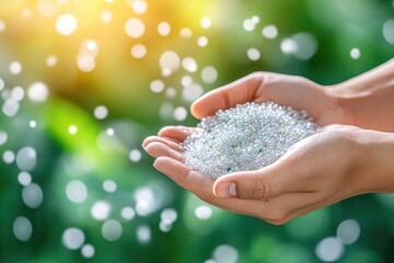 Sustainable biodegradable polymer granules in hands beneath lush greenery