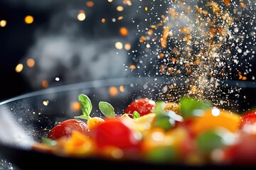 Dynamic cooking splash with fresh vegetables and seasoning in a pan on dark background