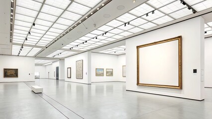 Minimalist gallery interior with a wide blank wall for large-format art, clean floors, and ceiling spotlights creating an open display space