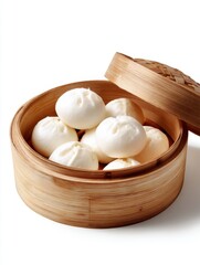 Steamed buns in a traditional bamboo steamer. Perfect for Asian cuisine lovers. Soft, fluffy, and tasty. Ideal for food photography or cooking blogs. A must-have dish. AI