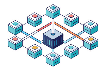 Isometric illustration depicting a modern digital infrastructure and data processing architecture with neural networks