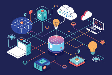 Modern isometric illustration representing data processing and cloud computing technology connections on a deep blue background