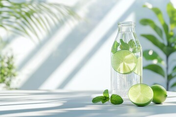 Refreshing lime mint infused water in glass bottle on sunny outdoor table