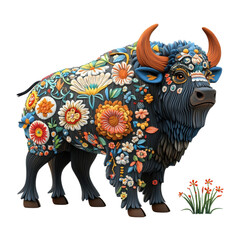 Obraz premium Colorful decorative bison stands among flowers in a vibrant floral art display at a market booth on transparent background