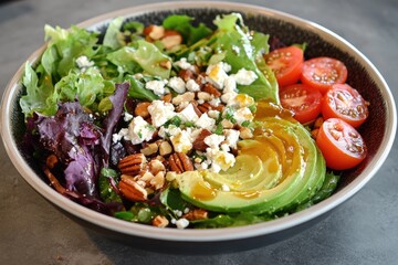 Fresh vibrant salad bowl with avocado, cherry tomatoes, and feta cheese